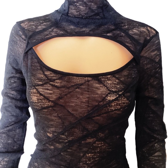 EUC Punk Rave Long Sleeve Sheer High Neck Cutout Blouse - Picture 3 of 9